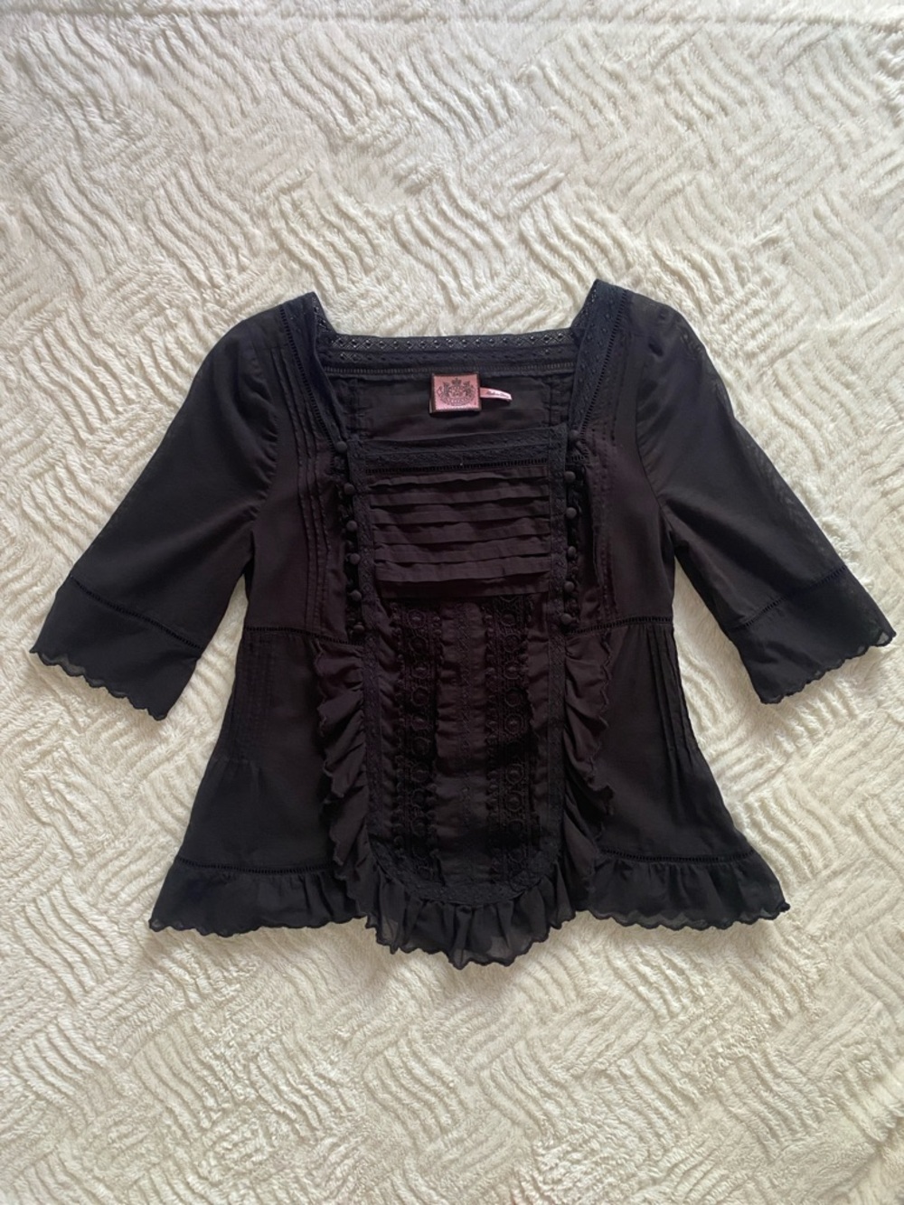 Juicy Couture Black Ruffled Lace-Trim Square Neck Blouse
